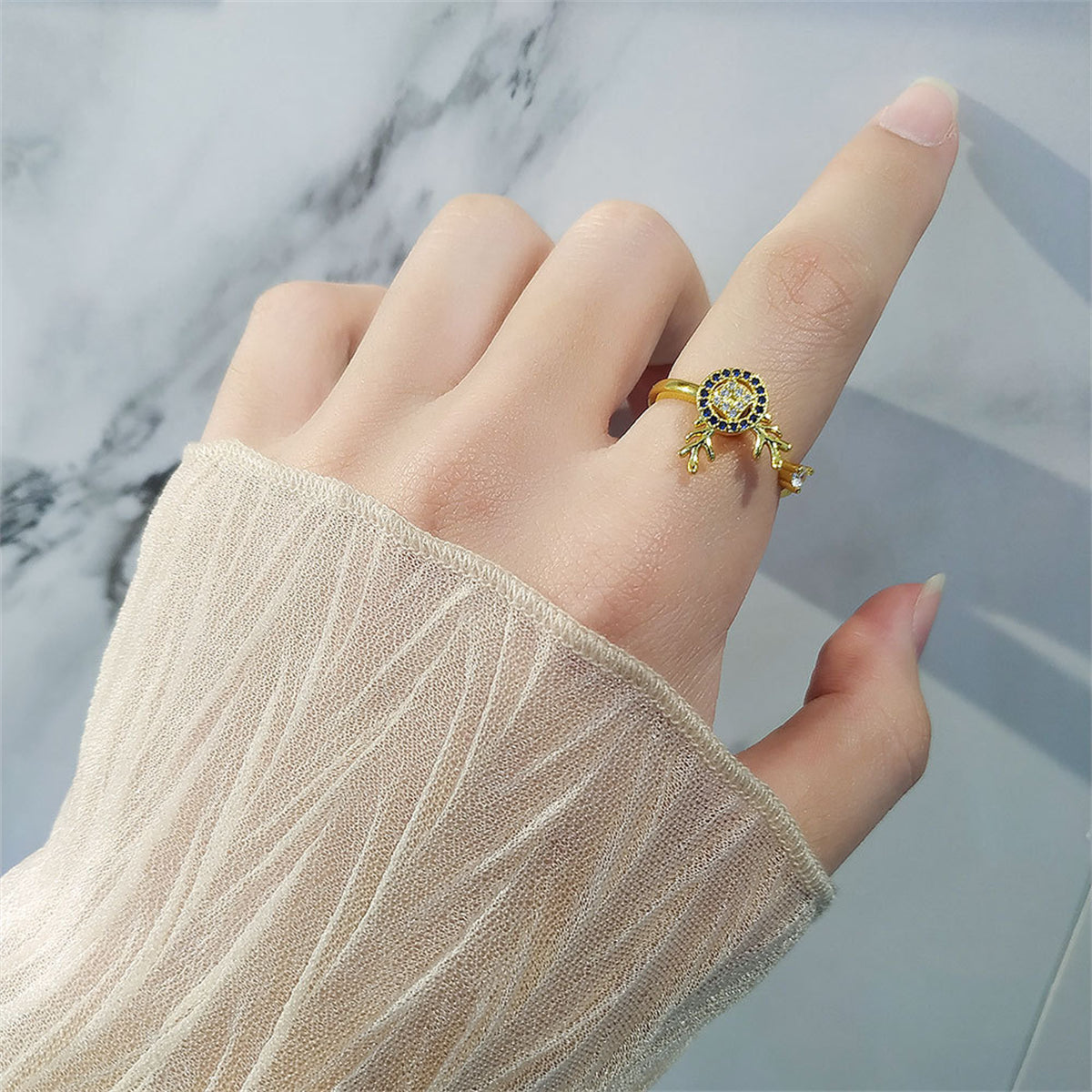 Purple Cubic Zirconia and 18K Gold-Plated Antler Rotating Open Ring, gold statement rings for women, side view