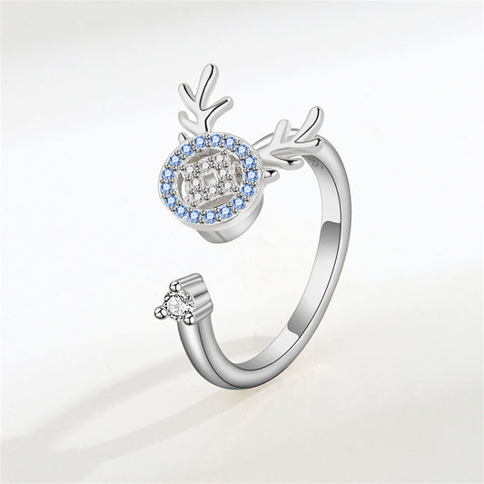 Blue Cubic Zirconia and Silver-Plated Antler Rotating Open Ring, silver statement rings for women, everyday style, front view