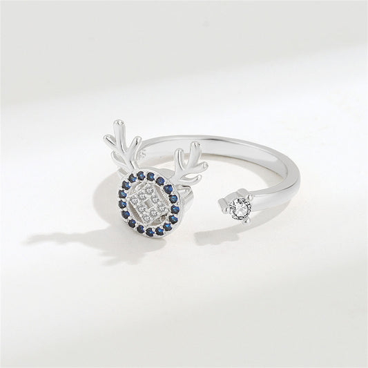 Purple Cubic Zirconia and Silver-Plated Antler Rotating Open Ring, silver statement rings for women, front view