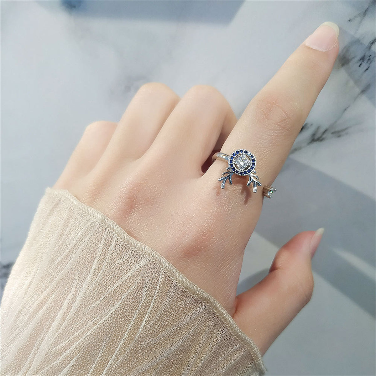 Purple Cubic Zirconia and Silver-Plated Antler Rotating Open Ring, silver statement rings for women, side view