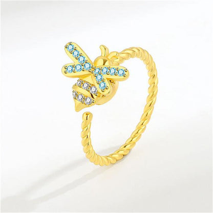 Cubic Zirconia and 18K Gold-Plated Rotating Bee Open Ring, gold statement rings for women, side view