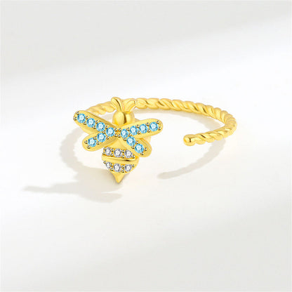 Cubic Zirconia and 18K Gold-Plated Rotating Bee Open Ring, gold statement rings for women, front view