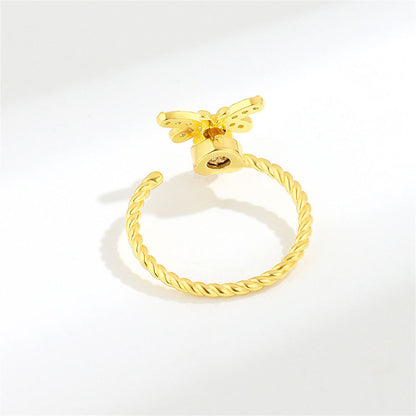 Cubic Zirconia and 18K Gold-Plated Rotating Bee Open Ring, gold statement rings for women, detail close-up
