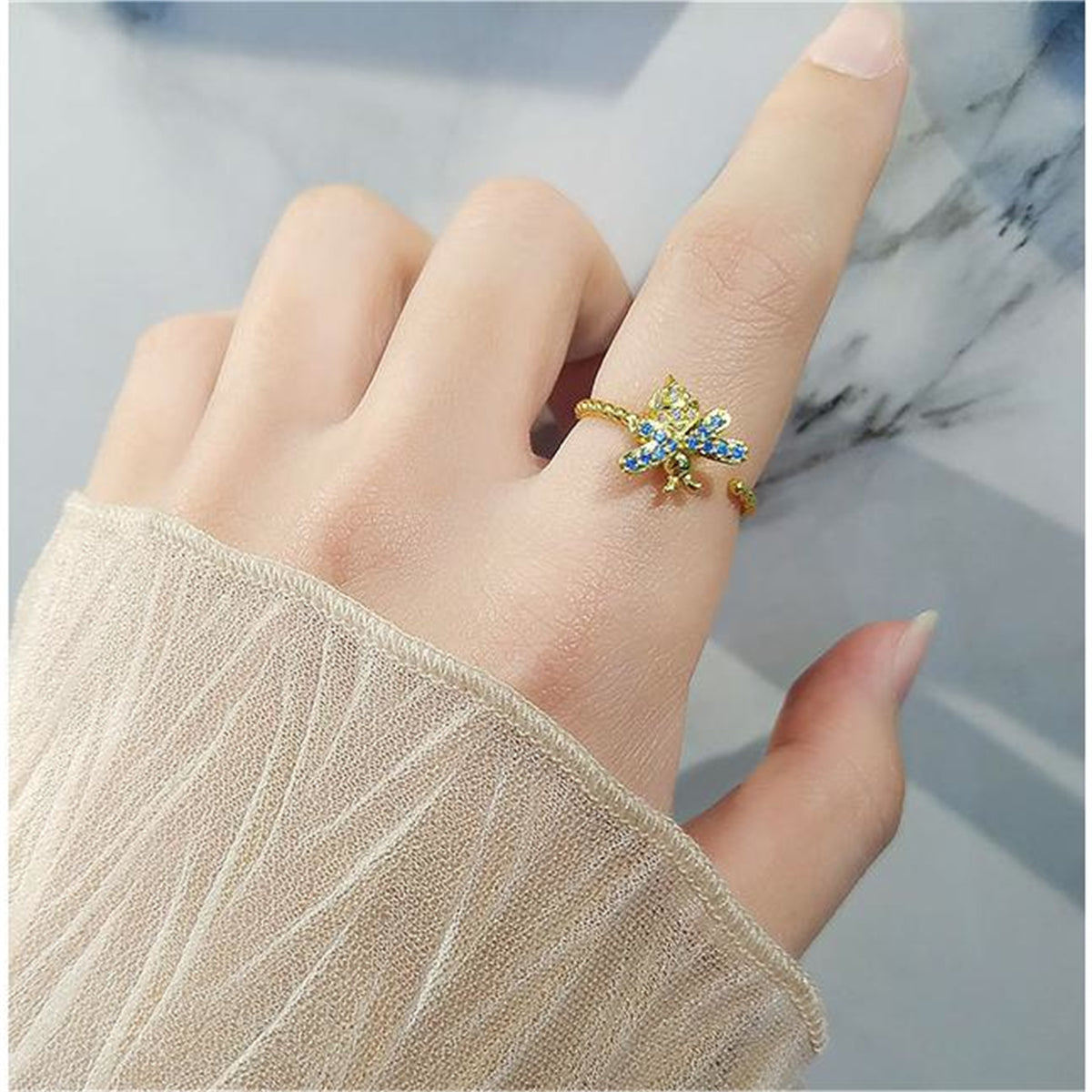 Cubic Zirconia and 18K Gold-Plated Rotating Bee Open Ring, gold statement rings for women, lifestyle look