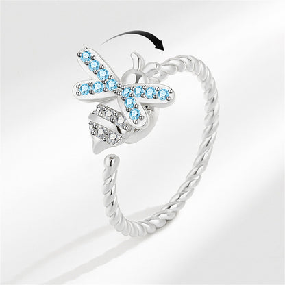 Cubic Zirconia and Silver-Plated Rotating Bee Open Ring, silver statement rings for women, front view
