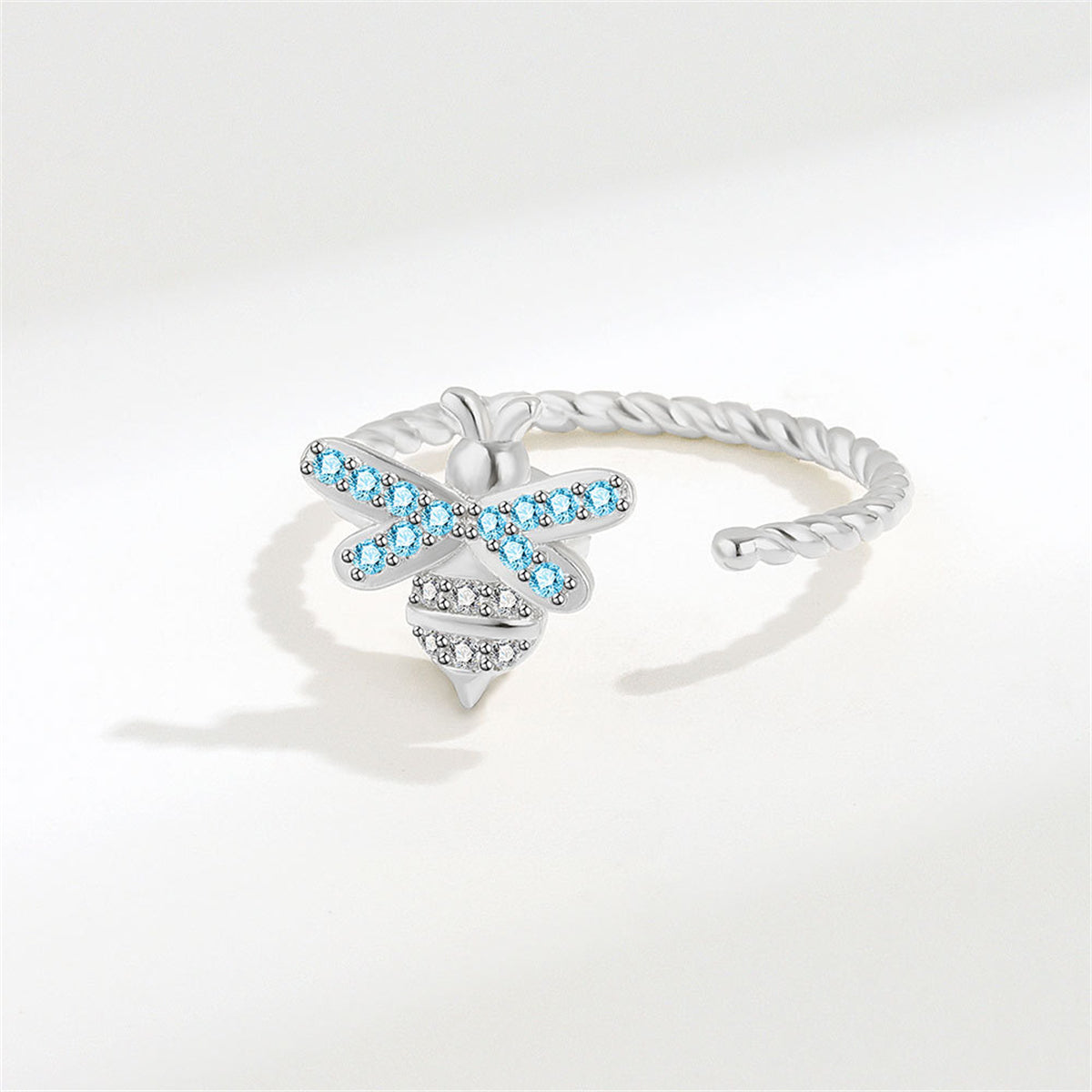 Cubic Zirconia and Silver-Plated Rotating Bee Open Ring, silver statement rings for women, detail close-up