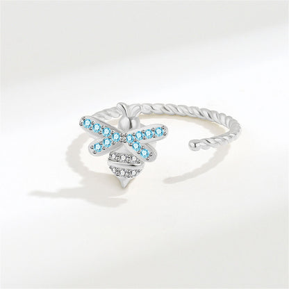 Cubic Zirconia and Silver-Plated Rotating Bee Open Ring, silver statement rings for women, detail close-up
