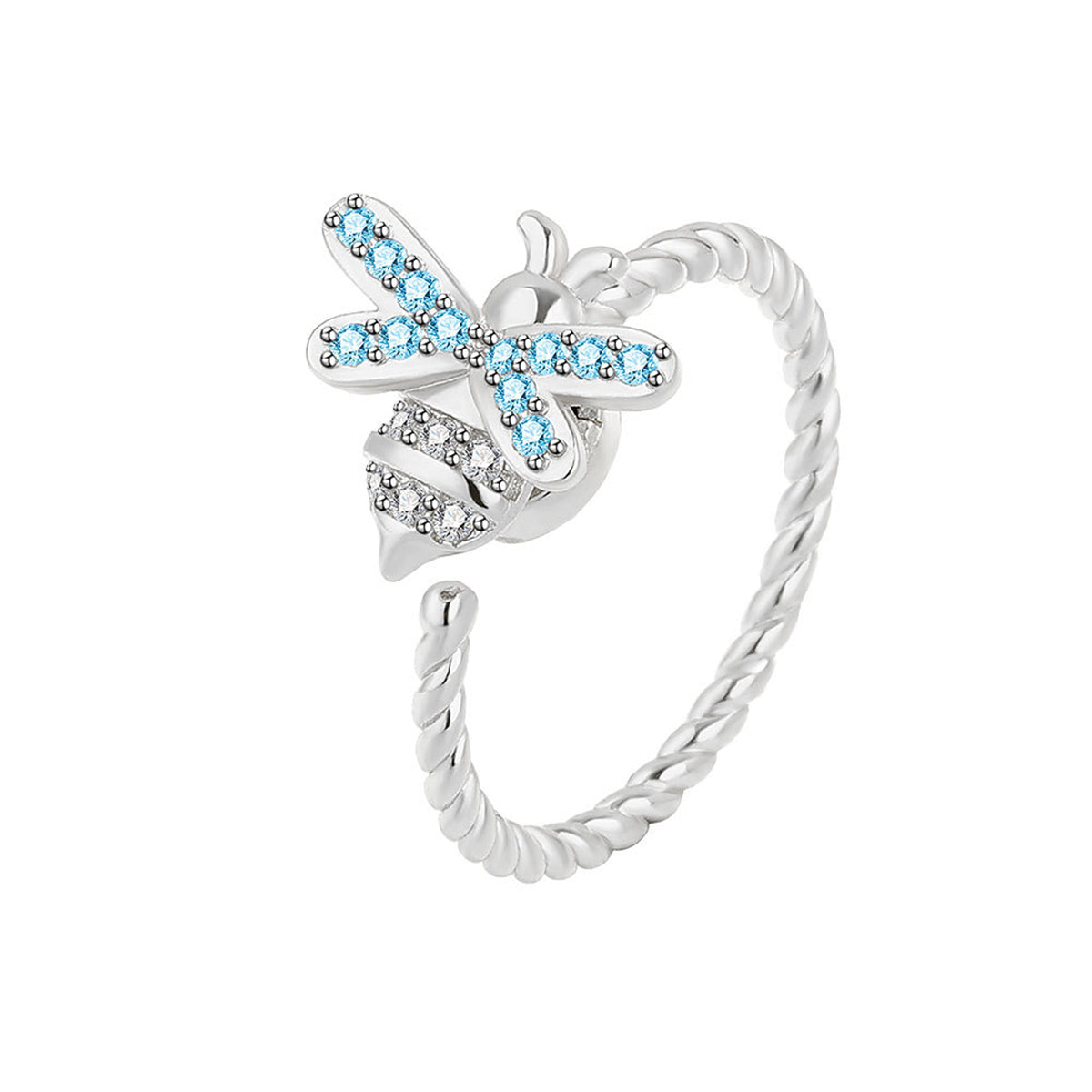 Cubic Zirconia and Silver-Plated Rotating Bee Open Ring, silver statement rings for women, side view