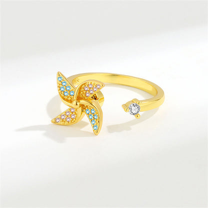 Cubic Zirconia and 18K Gold-Plated Rotating Windmill Open Ring, gold statement rings for women, front view