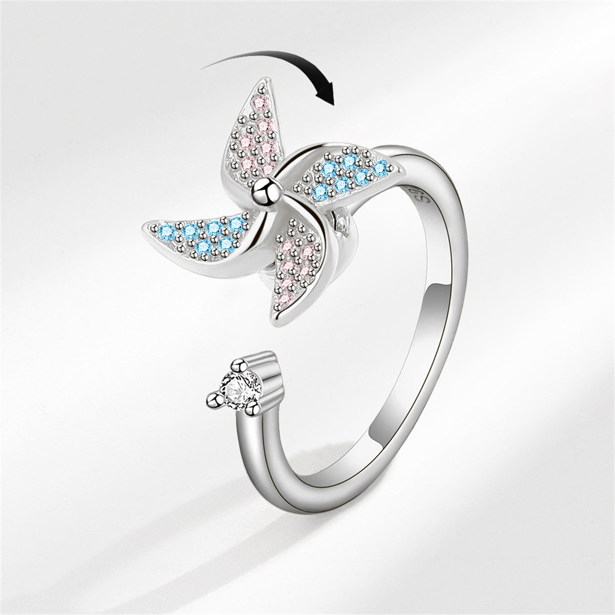 Cubic Zirconia and Silver-Plated Rotating Windmill Open Ring, silver statement rings for women, front view