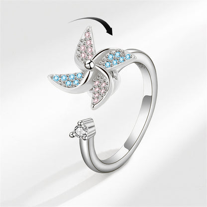 Cubic Zirconia and Silver-Plated Rotating Windmill Open Ring, silver statement rings for women, front view