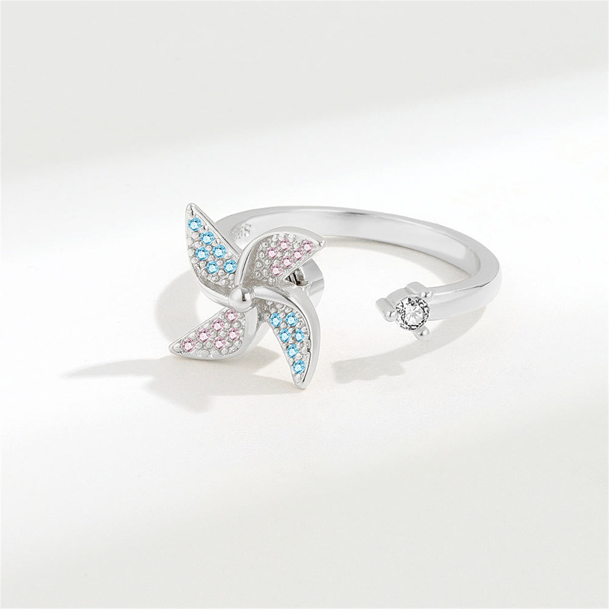 Cubic Zirconia and Silver-Plated Rotating Windmill Open Ring, silver statement rings for women, side view
