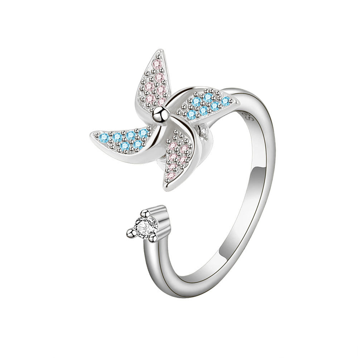 Cubic Zirconia and Silver-Plated Rotating Windmill Open Ring, silver statement rings for women, detail close-up