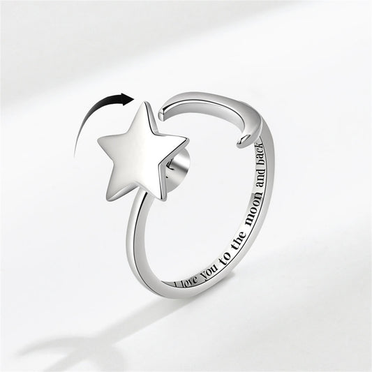Silver-Plated 'Love You To The Moon' Star and Moon Bypass Ring, silver statement rings for women, front view
