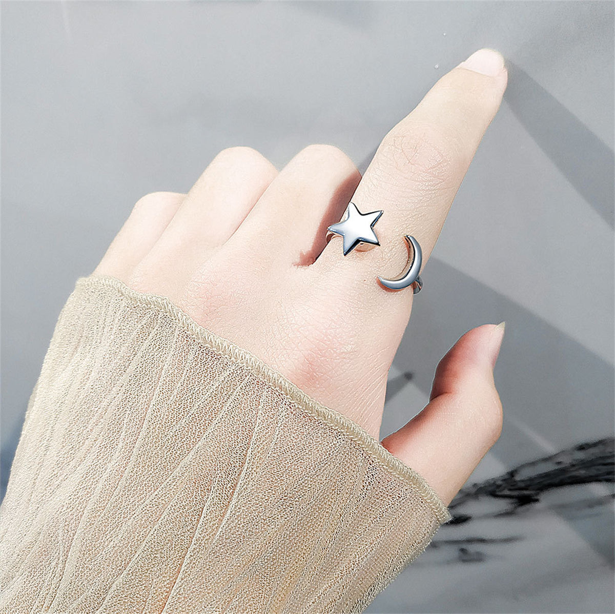 Silver-Plated 'Love You To The Moon' Star & Moon Bypass Ring