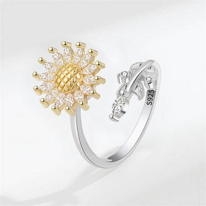 Crystal and Two-Tone Cubic Zirconia-Accent Rotatable Sunflower Bypass Ring, statement rings for women, front view