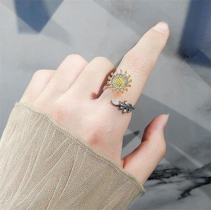 Crystal and Two-Tone Cubic Zirconia-Accent Rotatable Sunflower Bypass Ring, statement rings for women, detail close-up