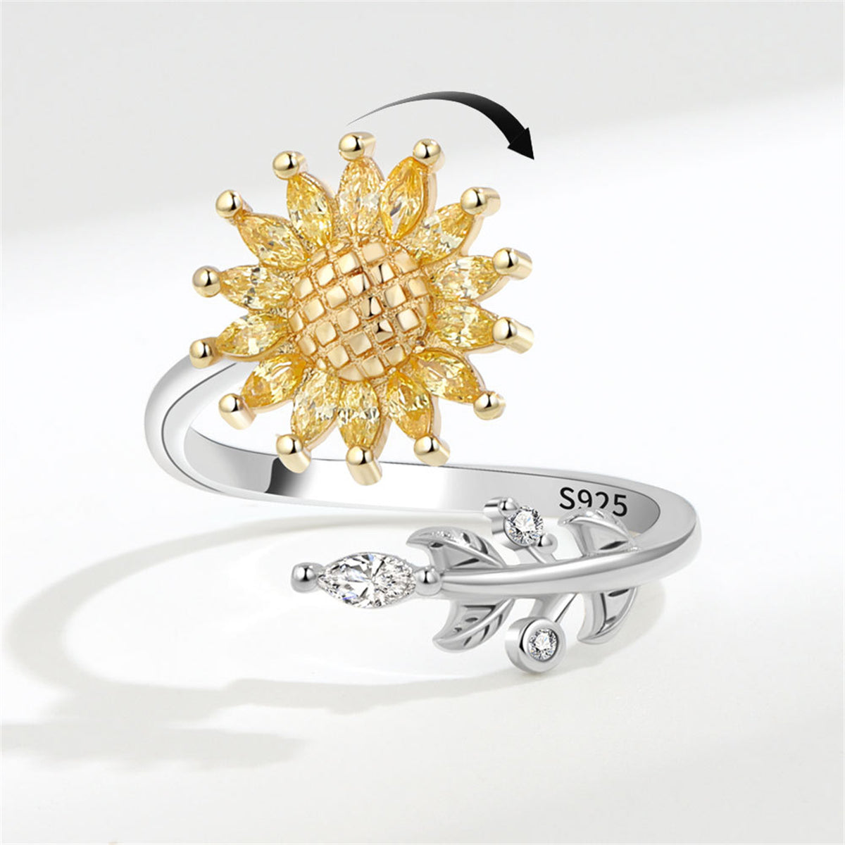 Yellow Crystal Two-Tone Rotating Sunflower Bypass Ring, statement rings for women, elegant gift for her, side view