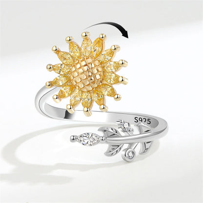 Yellow Crystal Two-Tone Rotating Sunflower Bypass Ring, statement rings for women, elegant gift for her, side view