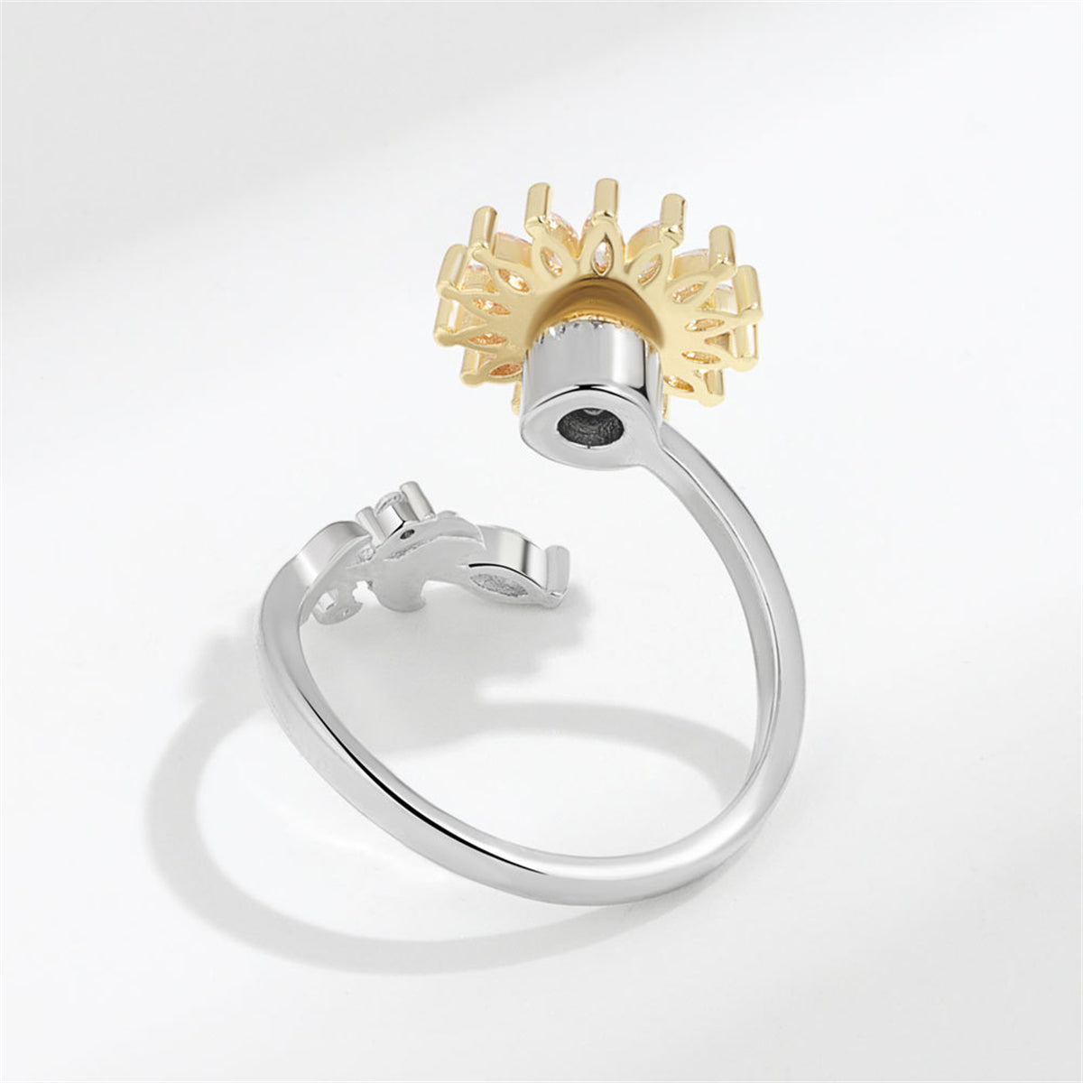 Yellow Crystal Two-Tone Rotating Sunflower Bypass Ring, statement rings for women, elegant gift for her, detail close-up
