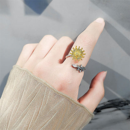 Yellow Crystal Two-Tone Rotating Sunflower Bypass Ring, statement rings for women, elegant gift for her, lifestyle look