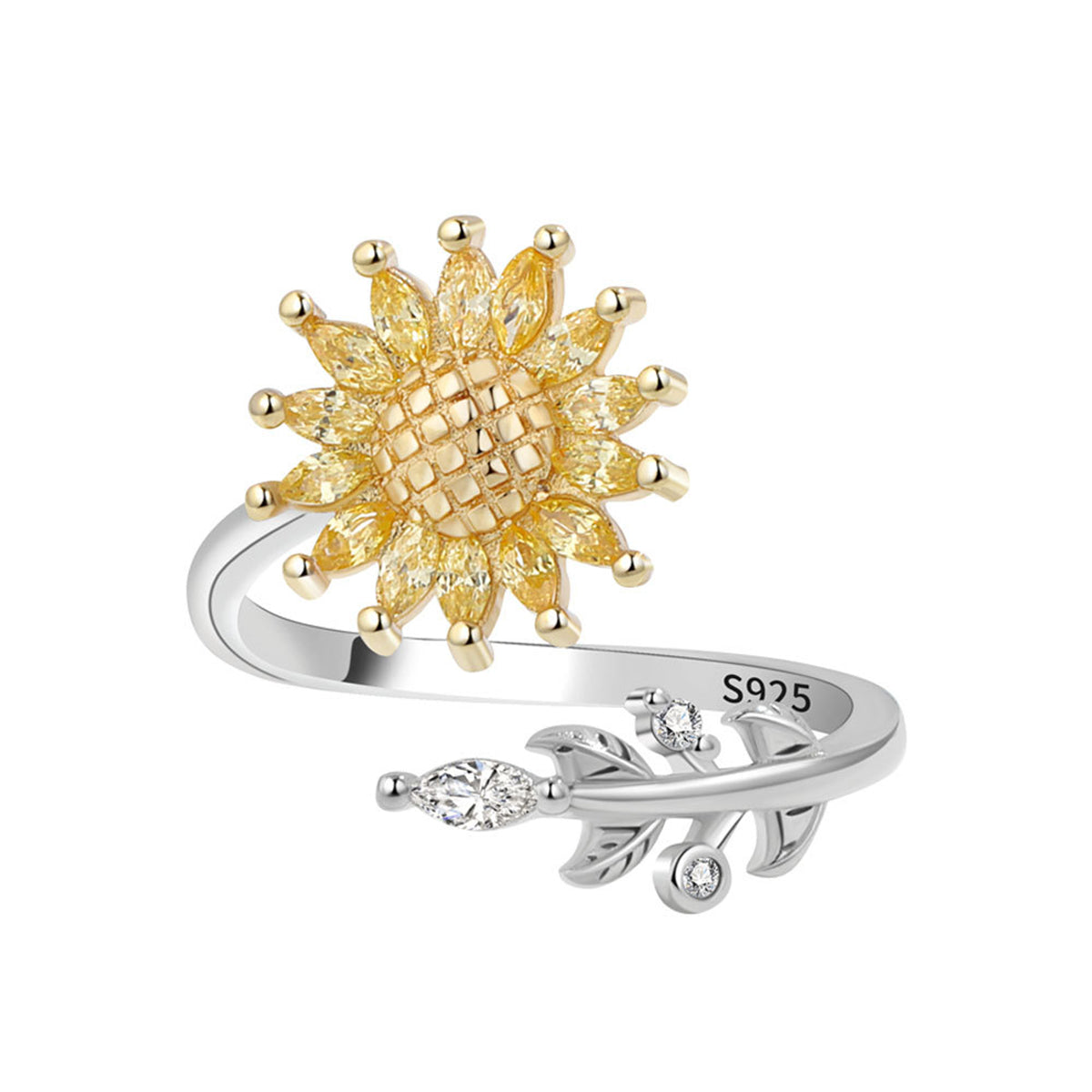 Yellow Crystal Two-Tone Rotating Sunflower Bypass Ring, statement rings for women, elegant gift for her, front view
