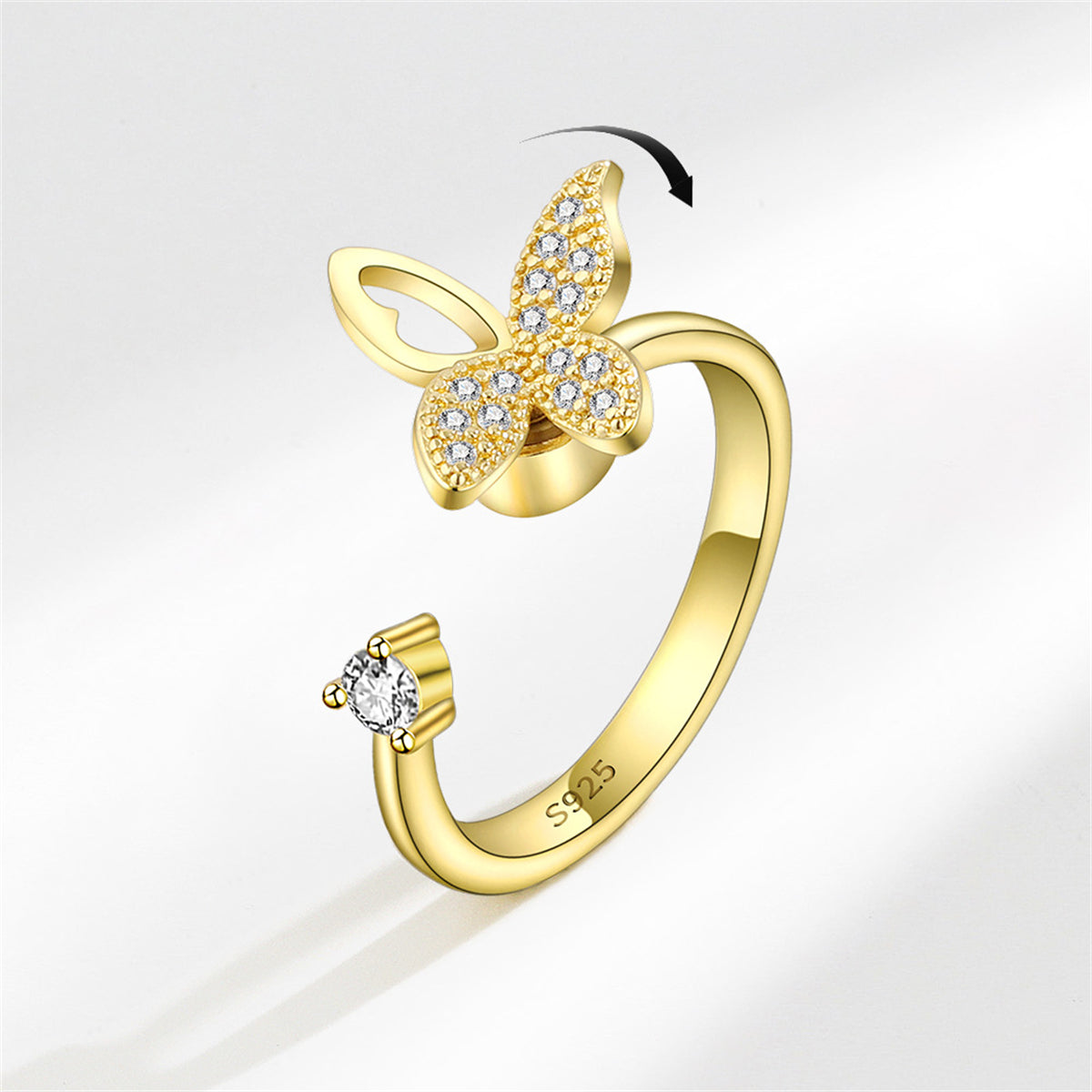 Cubic Zirconia and 18K Gold-Plated Rotating Butterfly Open Ring, gold statement rings for women, front view