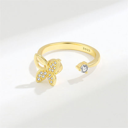 Cubic Zirconia and 18K Gold-Plated Rotating Butterfly Open Ring, gold statement rings for women, side view