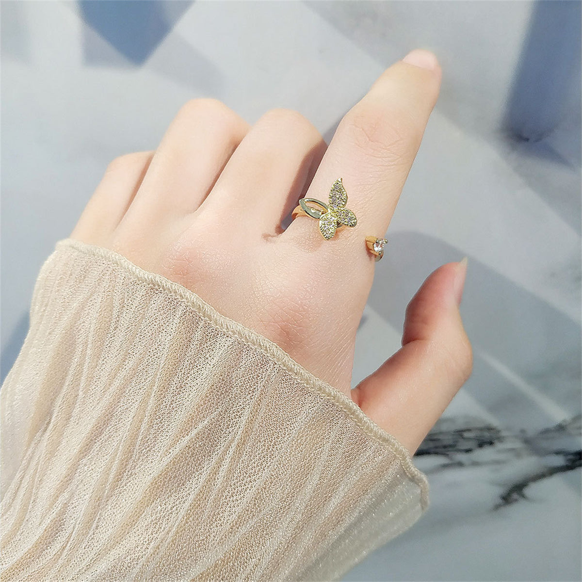 Cubic Zirconia and 18K Gold-Plated Rotating Butterfly Open Ring, gold statement rings for women, detail close-up