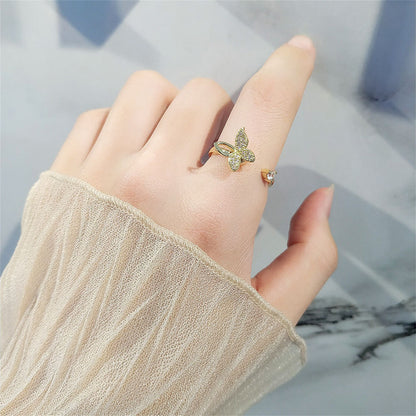 Cubic Zirconia and 18K Gold-Plated Rotating Butterfly Open Ring, gold statement rings for women, detail close-up