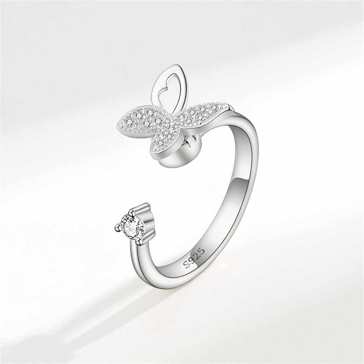 Cubic Zirconia and Silver-Plated Rotating Butterfly Open Ring, silver statement rings for women, side view