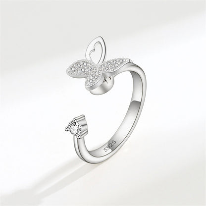 Cubic Zirconia and Silver-Plated Rotating Butterfly Open Ring, silver statement rings for women, side view