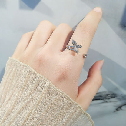 Cubic Zirconia and Silver-Plated Rotating Butterfly Open Ring, silver statement rings for women, detail close-up