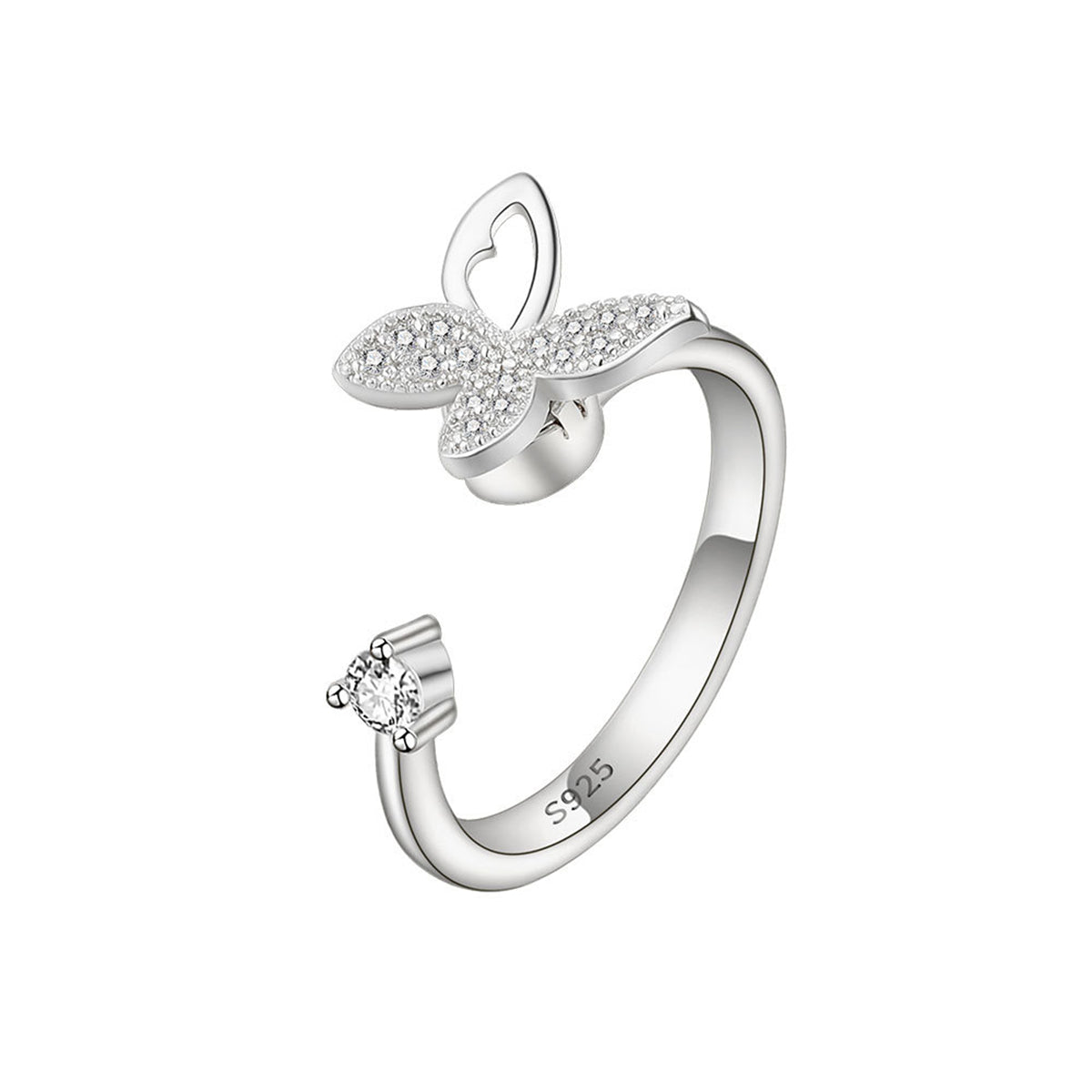 Cubic Zirconia and Silver-Plated Rotating Butterfly Open Ring, silver statement rings for women, front view