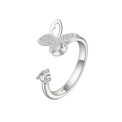 Cubic Zirconia and Silver-Plated Rotating Butterfly Open Ring, silver statement rings for women, front view