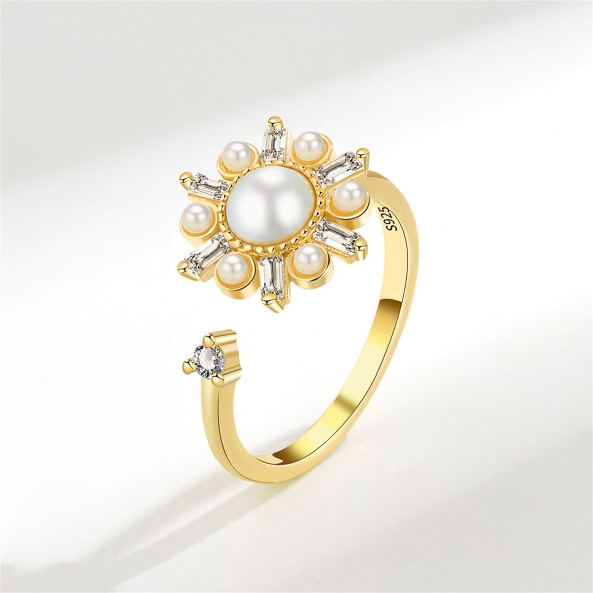 Crystal and Pearl 18K Gold-Plated Rotating Snowflake Open Ring, gold statement rings for women, front view