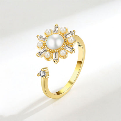 Crystal and Pearl 18K Gold-Plated Rotating Snowflake Open Ring, gold statement rings for women, front view