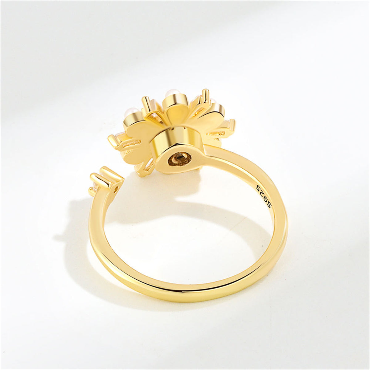 Crystal and Pearl 18K Gold-Plated Rotating Snowflake Open Ring, gold statement rings for women, botanical inspired, side view