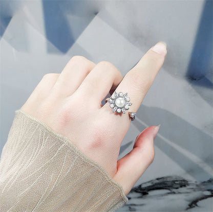 Crystal and Cubic Zirconia Rotating Snowflake Open Ring, statement rings for women, dainty minimalist design, front view