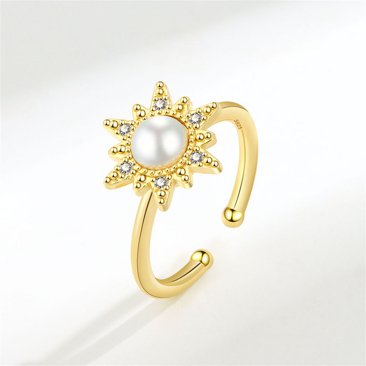 Cubic Zirconia and Pearl 18K Gold-Plated Rotating Floral Open Ring, gold statement rings for women, front view