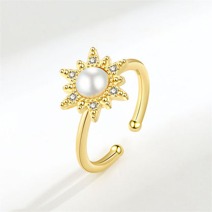 Cubic Zirconia and Pearl 18K Gold-Plated Rotating Floral Open Ring, gold statement rings for women, front view