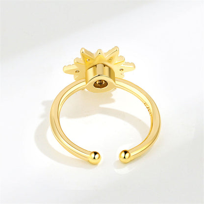 Cubic Zirconia and Pearl 18K Gold-Plated Rotating Floral Open Ring, gold statement rings for women, detail close-up