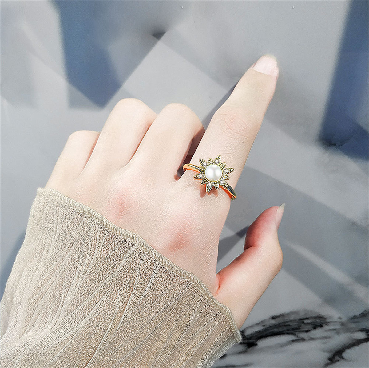 Cubic Zirconia and Pearl 18K Gold-Plated Rotating Floral Open Ring, gold statement rings for women, lifestyle look