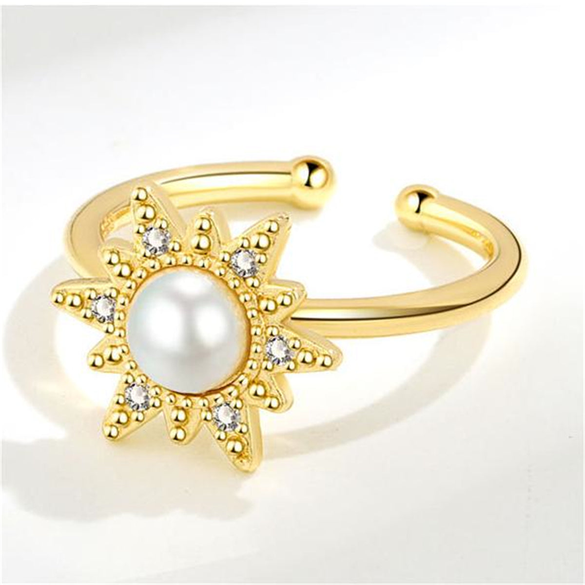 Cubic Zirconia and Pearl 18K Gold-Plated Rotating Floral Open Ring, gold statement rings for women, side view
