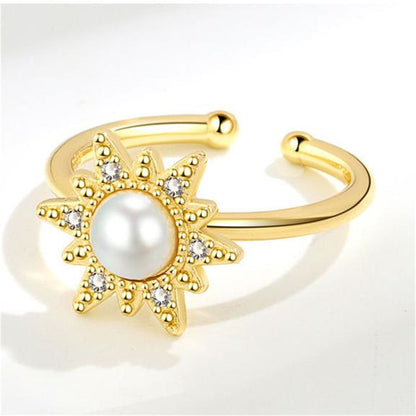 Cubic Zirconia and Pearl 18K Gold-Plated Rotating Floral Open Ring, gold statement rings for women, side view