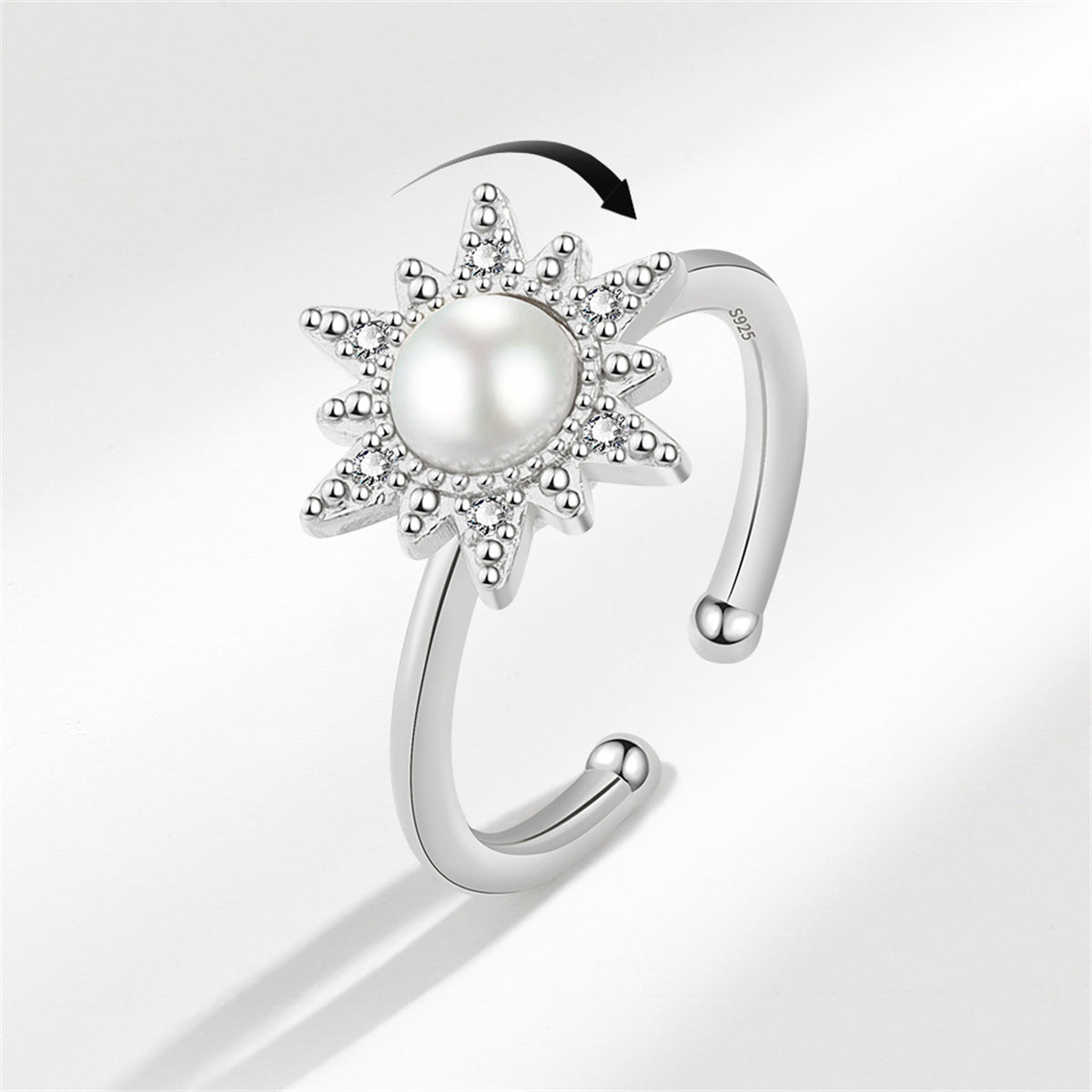 Cubic Zirconia and Pearl Silver-Plated Rotating Flower Open Ring, silver statement rings for women, front view