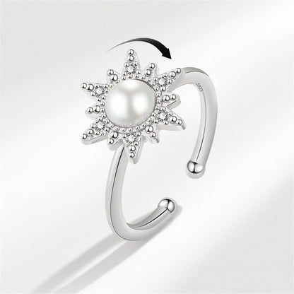 Cubic Zirconia and Pearl Silver-Plated Rotating Flower Open Ring, silver statement rings for women, front view