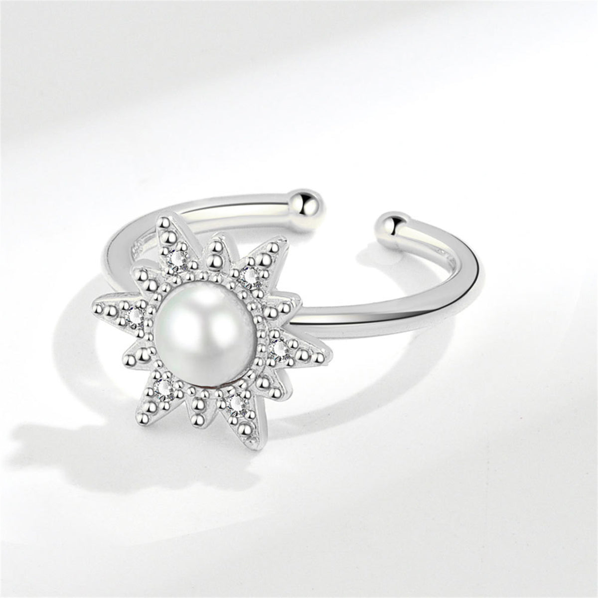 Cubic Zirconia and Pearl Silver-Plated Rotating Flower Open Ring, silver statement rings for women, detail close-up