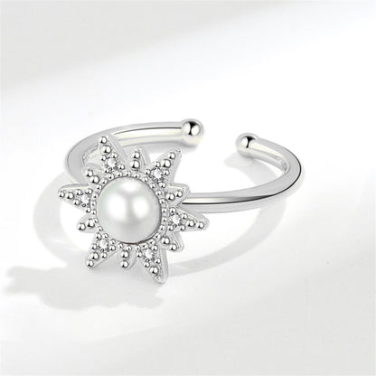 Cubic Zirconia and Pearl Silver-Plated Rotating Flower Open Ring, silver statement rings for women, detail close-up