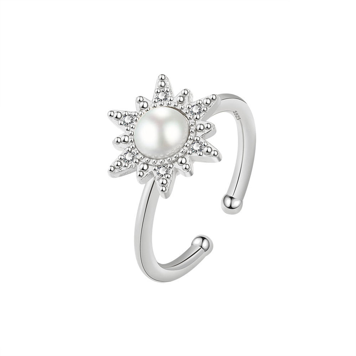 Cubic Zirconia and Pearl Silver-Plated Rotating Flower Open Ring, silver statement rings for women, side view